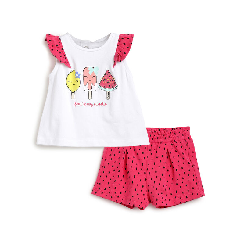 Girls White Printed Outfit with Short Pants image number 0